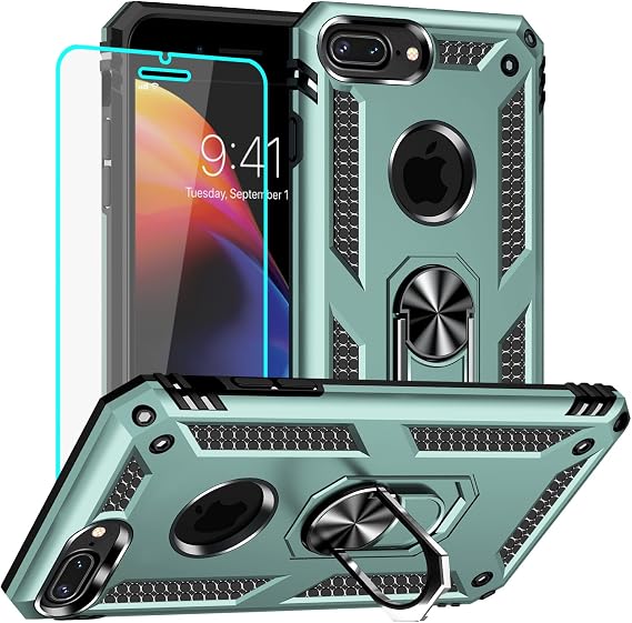 Yiakeng for iPhone 8 Plus Case: iPhone 8 Plus Phone Case with HD Screen Protector - Military Grade Protective Case with Ring (Dark Green)