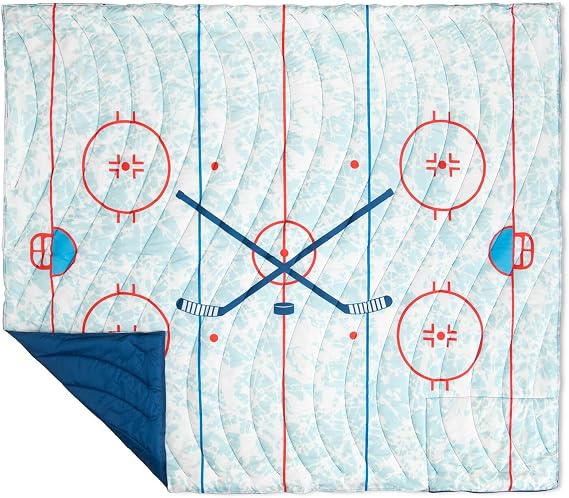 ChalkTalkSPORTS Hockey Gameday Blanket - Puffy Quilted - Ice Hockey Rink | Puffle Quilted Blanket, Reversible, 50" x 60", Water-Resistant Rip-Stop, Packable Carry Bag, Boys and Men