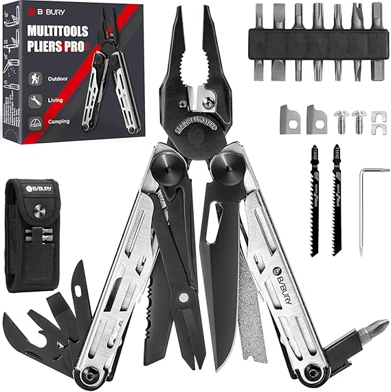 BIBURY Multitool Pliers Pro BI2045, Stainless Steel 31-in-1 Multi Tool Pliers with Replaceable Wire Cutters and Saw,Foldable Multitools with Scissors and Screwdriver, Ideal for Camping,Survival,Repair