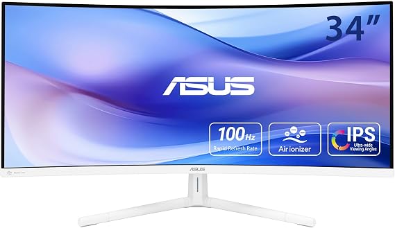 ASUS 34 Ultra-Wide Curved Eye Care Monitor (VU34WCIP-W) WQHD (3440x1440), 1500R Curvature, Frameless, 100Hz, Nano-ion, SmoothMotion, Eye Care Plus, USB-C PD 65W, Speakers,