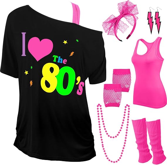 Didaey I Love The 80's Disco Outfits Costume Accessories for Women Shoulder Top Headband Earring Necklace for Halloween Party