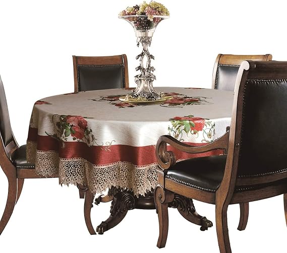 Violet Linen Decorative Printed Ascott Tablecloth with Lace Trimming, Burgundy, 70" Round