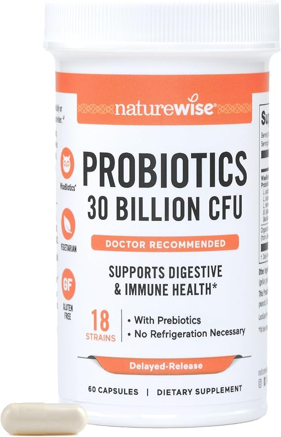 NatureWise Max Probiotics for Women & Men - 30 Billion CFU 18 Strains With Prebiotics - For Gut & Digestive Health - Delayed-Release Capsules, Gluten Free - 60 Capsules[2-Month Supply]