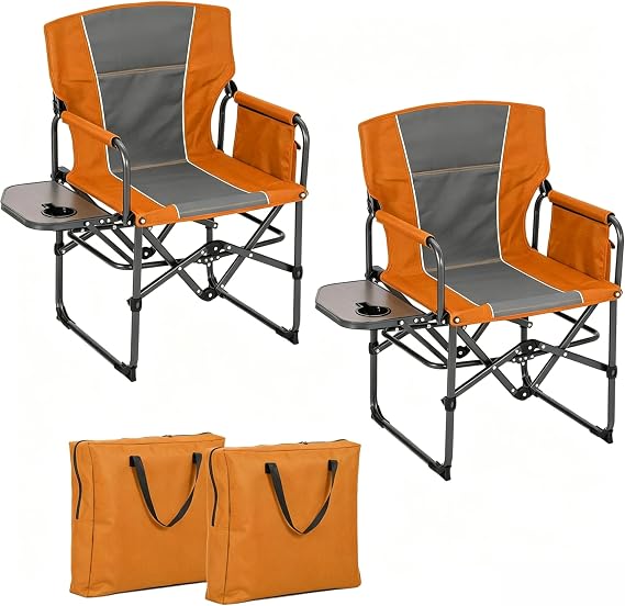 Heavy Duty Oversized Directors Camping Chairs for Adults, 2 Pack - Portable Folding Outdoor Lawn Chair with Side Table & Storage Pocket - Supports up to 400 lbs, Ideal for Beach - Orange