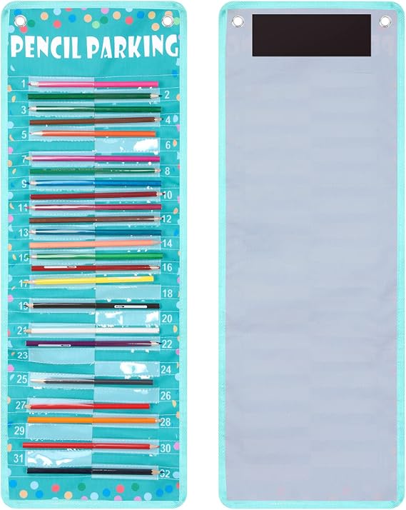 Pencil Parking Pocket Chart, Classroom Wall Organizer, Bright | Hanging Pencil Dispenser Holder, 32 Numbered Clear Slots, Magnetic Strip & Grommets, Student Back to School Supplies