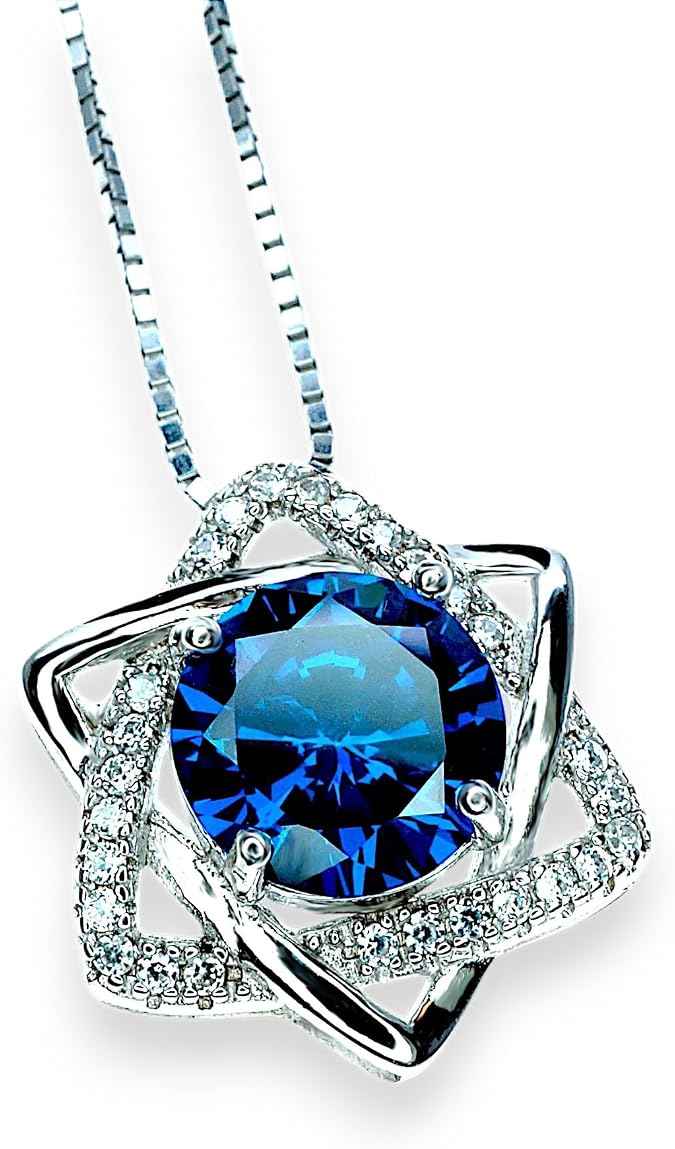 2 CT Blue Sapphire Necklace - Diamond Star of David Necklace - September Birthstone - 18kgp @ Sterling Silver Luxury Dainty Blue Sapphire Pendant 16"~20" adjustable Chain #445