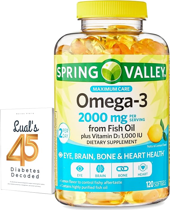 Spring Valley Omega-3 from Fish Oil 2000 mg for Eye Brain Bone & Heart Health Dietary Supplement Softgels, 120 Count, Bundle with Luall's 45 Diabetes Decoded
