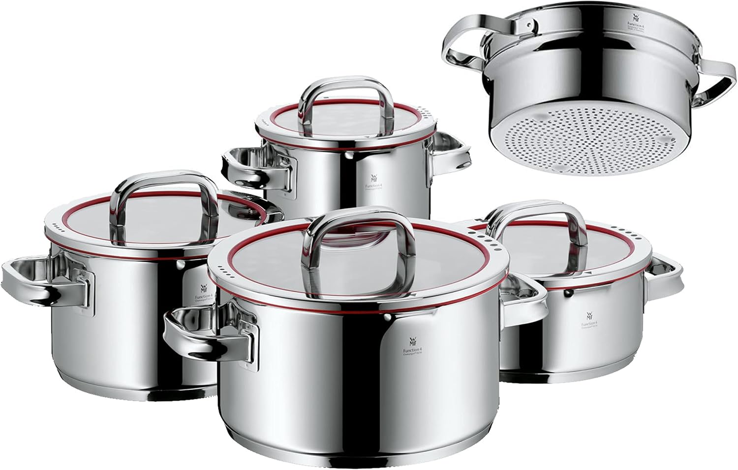 WMF Function 4 Induction Cooker 5 Pieces Polished Cromargan Stainless Steel Glass Lid with 4 Pouring Functions Induction Saucepan Interior Scale