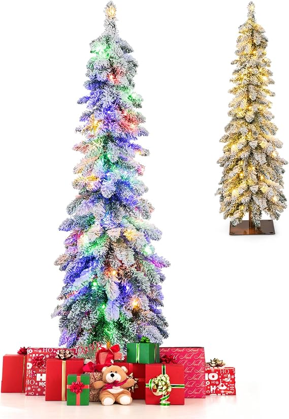 GOFLAME 4 FT Pre-Lit Artificial Christmas Tree, Snow Flocked Slim Pencil Christmas Tree with Multi-Color & Warm-White LED Lights, 11 Lighting Modes, 225 Branch Tips, Xmas Holiday Decoration Tree