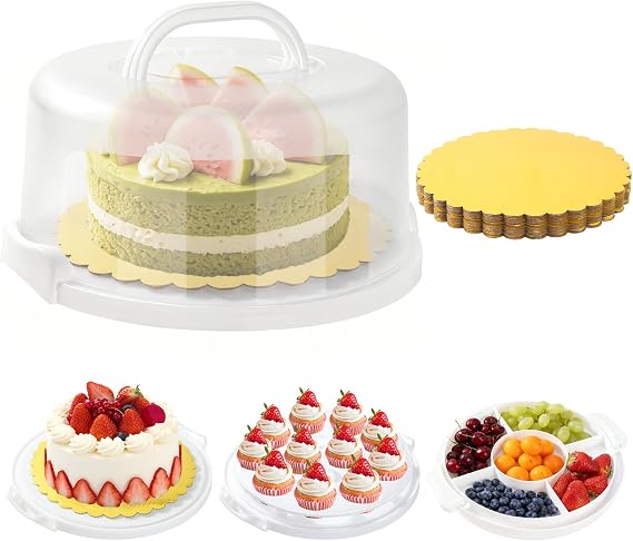 10 Inch Cake Carrier with Lid and Handle, Round Cake Transport Container with 10 Inch Cake Boards & Cupcake Serving Tray, Portable Pie Cake Holder with Cover for Wedding Party Picnics Camping
