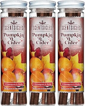 Scentsicles Pumpkin n Cider Scented Christmas Ornaments with Hooks - 3 Bottles (18 Sticks Total)