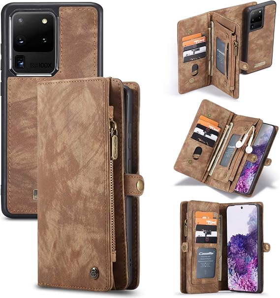Simicoo Samsung Galaxy S24 Ultra Wallet Leather Case Detachable Magnetic Zipper Flip Case 11 Card Slots Holder Wrist Strap Handle Shockproof Cover Pocket Wallet Handbag for S24 Ultra (Brown)