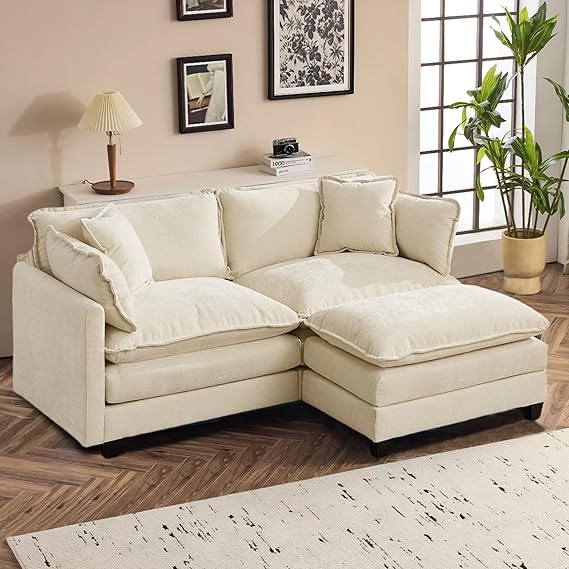 77.95" Chenille Modular Sofa with Ottoman, Cloud Sofa with Pillow,Beige