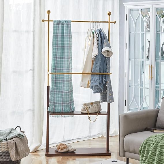 Metal Coat Rack,Freestanding Coat Rack for Hats, Bags, Purses,Modern Wood and Metal Cloth Rack for Entryway, Hallway,Living Room.Walnut&Gold 72Inch