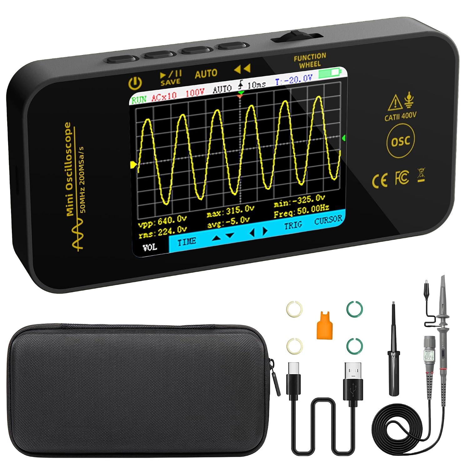 BSIDE OT5 Handheld Digital Oscilloscope Pocket Mini 50MHz Bandwidth 200MSa/s Sampling Portable Oscilloscope Rechargeable Ultra Slim with 3.2-inch Full View Colour LCD for Automotive Audio Electronics