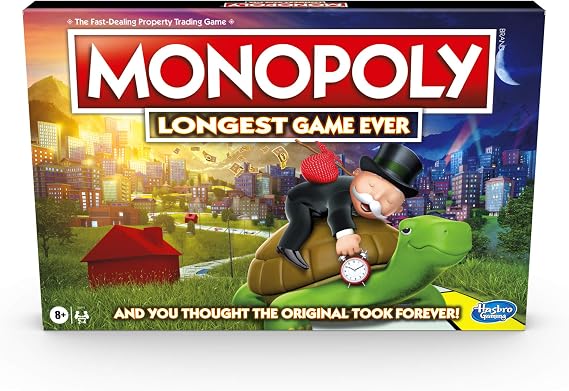 Monopoly Longest Game Ever, Classic Monopoly Gameplay with Extended Play, Monopoly Board Game for Ages 8 and Up , Multicolor