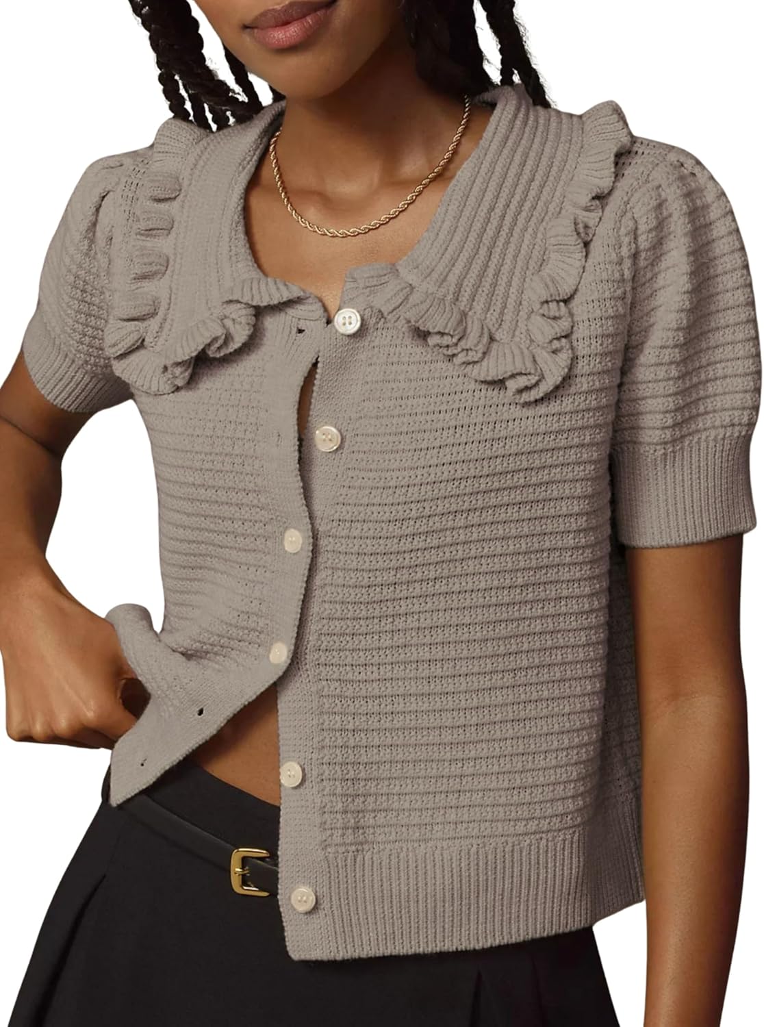 InterNos Womens Summer Ruffle Sweater Tops Short Puff Sleeve Button Down Cardigans Cute Knitted Crop Shirt