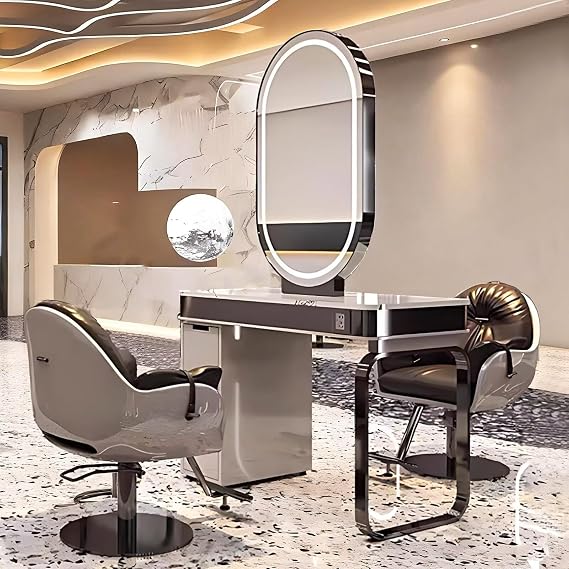 Salon Station for Hair Stylist (Double-Sided for 2 Person)(Oval LED Mirror)(Stainless Steel Metal)(Large Drawers), Barber Station with Contemporary Metal Style