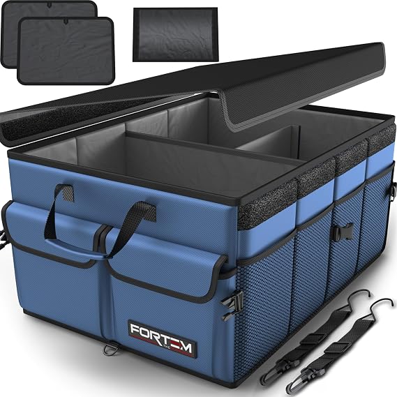 FORTEM Trunk Organizer - Foldable Car Organizer & Storage for SUVs & Trucks | Car Accessories for Men Women, Collapsible Bag, Non Slip Bottom, Straps, Soft Cover, 600D Oxford, Blue, 3 Compartments, 65L
