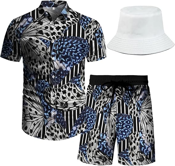 RPOVIG Beach Outfit Matching Shirts Shorts Men's Hawaiian Festival Floral Clothes 2 piece Sets with Bucket Hat