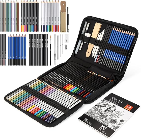 AGPTEK Drawing Pencils Set, 75-Piece Art Supplies Color Drawing Pencils Set Contains Sketch Pencils, Charcoal Pencils, Water Colored Pencils and Metal Colored Pencils for Kids, Adults and Artist