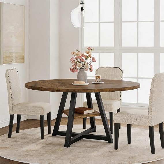 Garvee 47.2" Round Dining Table with Metal Base & Storage Shelf for 4-6