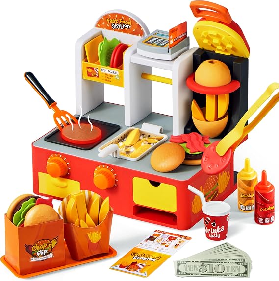 Lalalark Chop 'N Flip - Fast Food Station with 40+ Accessories, Interactive Potato Cutter, Simulated Frying Effect & Grilling Lights, Order & Drink Station