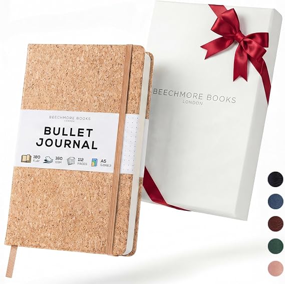BEECHMORE BOOKS A5 Dotted Journal 160gsm Thick Paper No-Bleed Bullet Notebook Hardcover Dot Grid Logbook with Presentation Gift Box Vegan Leather Sketchbook for Artists & Professionals