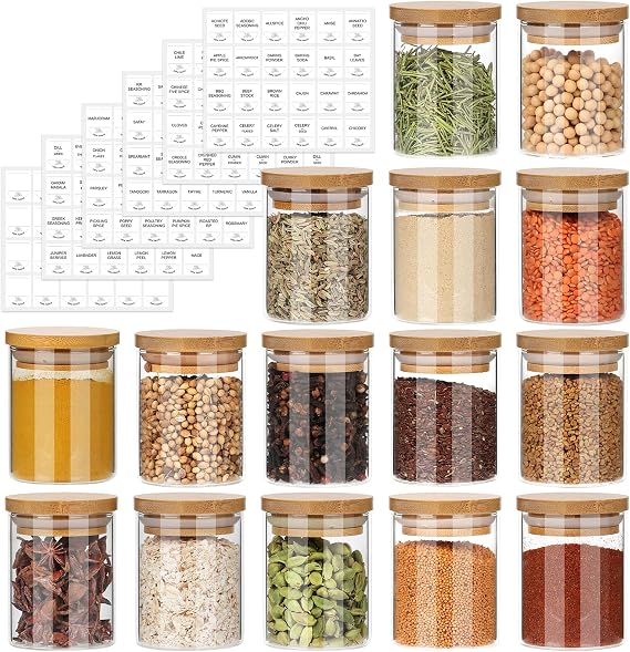 15 Pack 150ml Glass Storage Jars with Bamboo Lids | Airtight Spice Jars for Kitchen Pantry Organisation, Herbs, Seasonings, Coffee & Tea