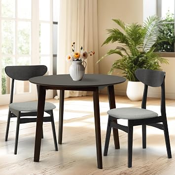 Set of 3 Dining Kitchen Round Table and 2 Yumiko Side Chairs Solid Wood w/Padded Seat