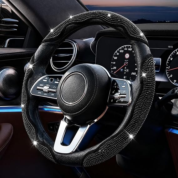 3PCS Segmented Bling Diamond Car Steering Wheel Cover, Sparkling Rhinestone Steering Wheel Cover Universal Fit for Most Cars, Bling Car Accessories for Women & Girls (Black)