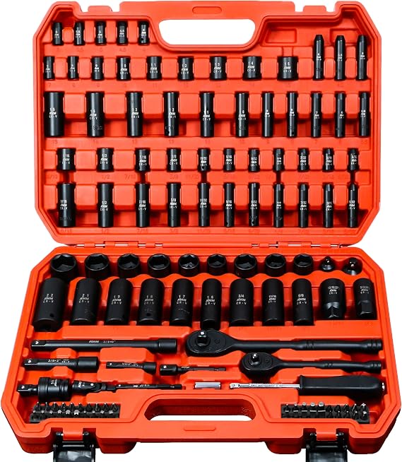 AMM 123Pcs Impact socket set,1/43/8Drive Deep&Shallow Socket wrench set,6 Point Metric&Standard Full 5/32"-3/4",4-22mm with Spark plug sockets,72T Ratchet handle,Screwdrivers,for Automotive&Home