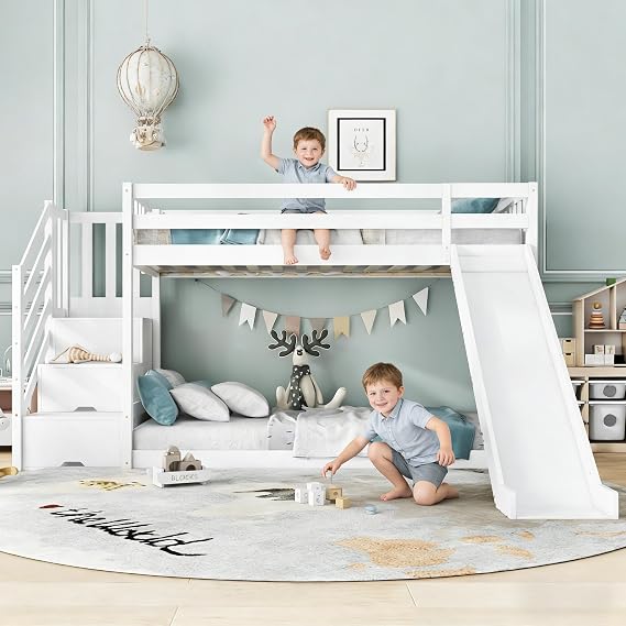 Su & Chan Legence Bunk Bed with Slide, Twin over Twin Bunk Bed with Storage and Stairs, Crafted from a Solid Pine Wood Frame, without Mattress, 90 x 190cm, White