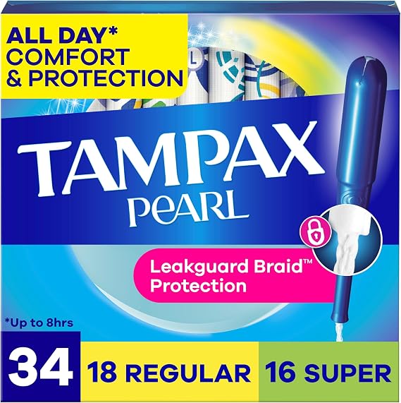 Tampax Pearl Tampons Multipack, Regular/Super Absorbency, with Leakguard Braid, Unscented, 34 Count
