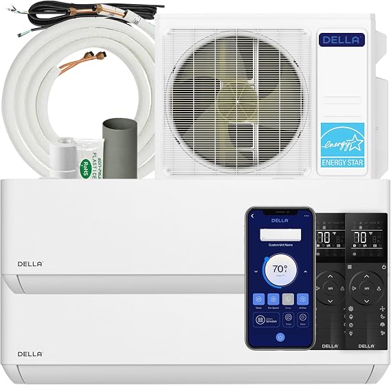 DELLA 18K BTU ODU 2 Zone (2 * 12K BTU) 24 SEER2 208-230V, Cools Up to 1100 Sq.Ft, Energy Star, Works with Alexa and Wifi, Multi Zone Mini Split AC Pre-Charged Heat Pump, 16ft Installation Kits