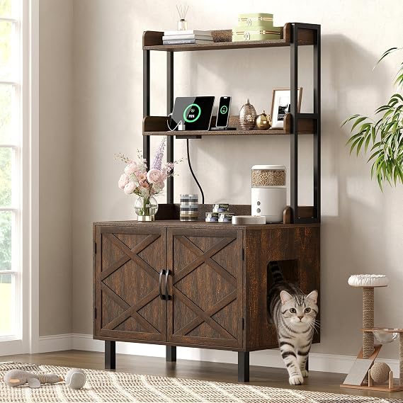 55 Inch Cat Litter Box Enclosure with Storge Shelves, Brown