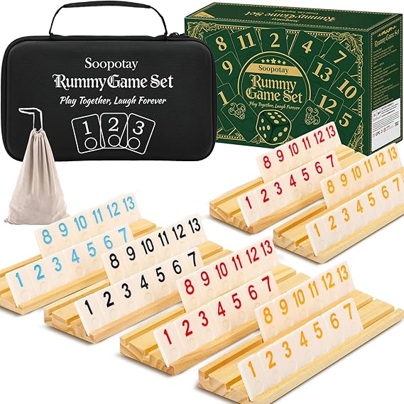 SOOPOTAY Rummy Cup Board Game For 2-6 Players - 160 Melamine Tiles, 6 Wooden Holders, Premium Case & Bag - Travel Game for Adults