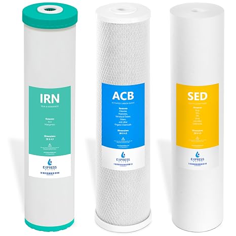Express Water Whole House Iron & Manganese Filter Set, 3 Stage, 5 Micron | 4.5 x 20 Inch Size, Replacement Kit, Sediment and Carbon Block Filters, Easy Cartridge Changes, Long-Lasting Filtration