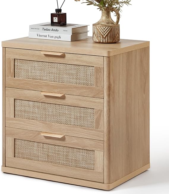 Lerliuo Rattan NightStand with Charger Station, 23" Wide Boho Bedside Table with Drawers, Natural Wood Night Stand Open Storage Cabinet, Bed Side End Table Dresser for Living Room, Hallway, Bedroom
