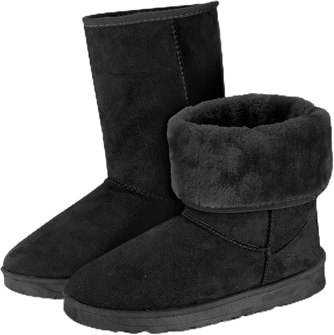 TeqHome Winter Snow Boots for Women, Classic Waterproof Womens Snow Boots with Faux Suede, Warm Comfortable Mid-Calf Fur Boot Outdoor(Black)