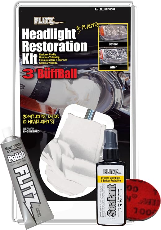 Flitz Car Headlight Restoration Kit - USA-Made Headlight Cleaner and Restorer Kit - Includes 1.7oz Polish, 1.7oz Sealant, 3" Buff Ball, and Scuff Pad - Removes Scratches & Yellowing on Automotive Lens