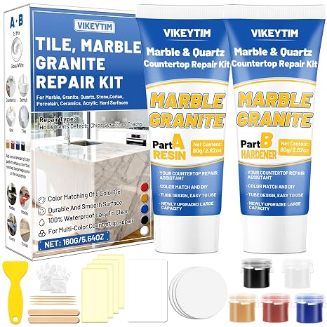 Tile, Marble and Granite Repair Kit (Color Match), Fix Holes Dents Defects | 160g/5.64oz Quartz Countertop Repair Kit for Chips Scratches Cracks, Porcelain Stone Reattaches Corian Other Hard Surfaces
