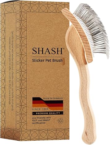SHASH Since 1869 Hand Made in Germany Slicker Pet Brush with Curved Metal Pins and Rubber Cushion - Helps Detangle Knots, Eliminate Frizz, Reduce Pulling & Snagging