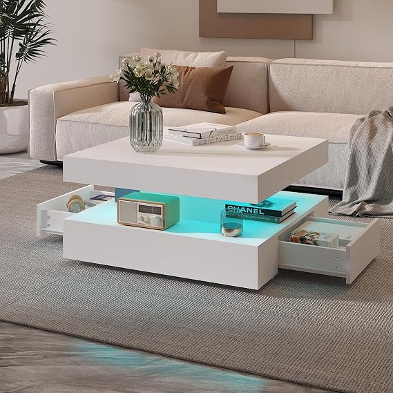 HedoAjim White LED Coffee Table with 2 Storage Drawers for Living Room Square Center Middle Table Modern Cocktail Table with Light 2-Tier Tea Tables Mid Century Wood Home Office Waiting Room