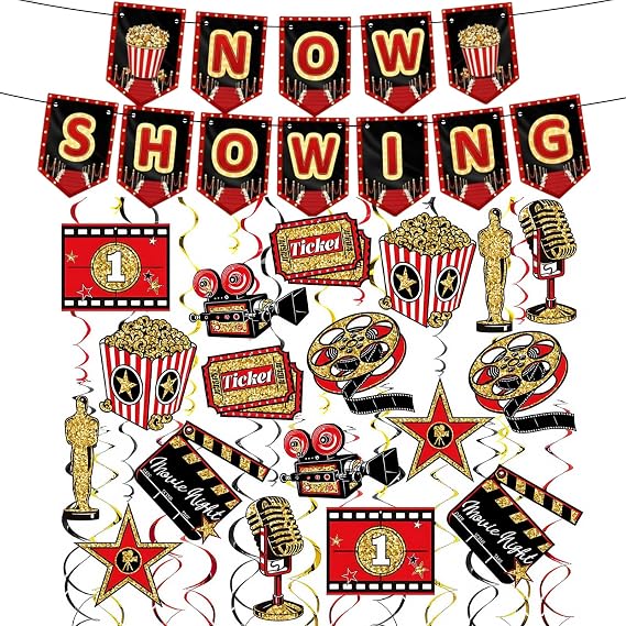 Movie Night Accessories, Cinema Room Decorations, Hollywood Party Hanging Swirls, Theater Theme Banner Set, 60 Pieces