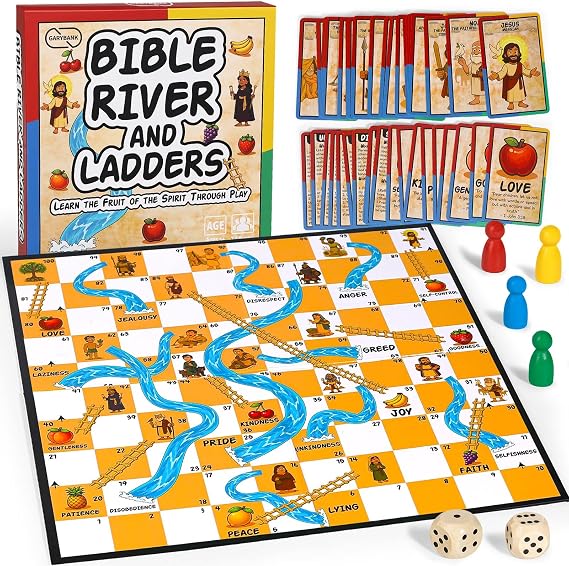 Garybank Bible River and Ladders Game for Kids to Learn Biblical Virtue | 9 The Fruit of the Spirit Cards, 20 Bible Character Cards, 2 Dice & 4 Wooden Pawns, Bible Theme Game Board, Verses Reading