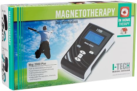 I-Tech MAG 2000 Plus für Heim- und professionelle Magnetotherapie 2 Kanäle zu je 200 Gauß 35 Programme bis zu 10 Benutzerspeicher Gummiband mit 3 Magneten Magnetpaar Beutel