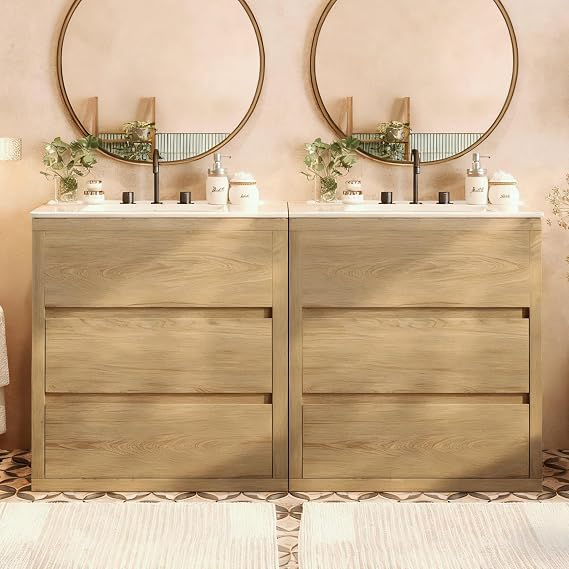 60" Double Sinks Bathroom Vanity Set, Bathroom Cabinet with 2 Separate Ceramic Sinks, Full-Extension Drawers & Soft Close Undermount Drawer Slides, Space Saving Desig (Natural-88o)
