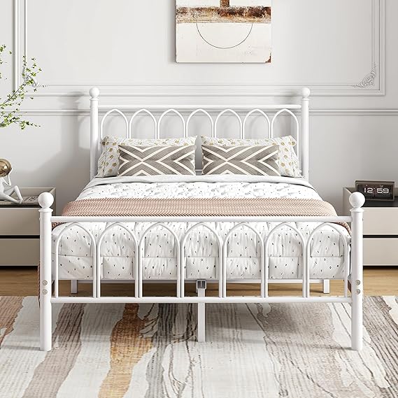 BOFENG Double Bed Frame with Headboard and Footboard,Metal Platform Bed Frame Double Bed With Storage No Box Spring Needed,Strong Steel Slat Support/Mattress Base/White