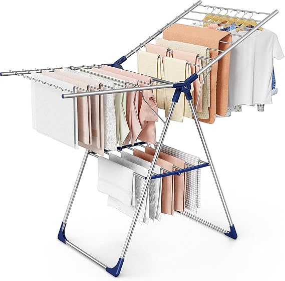 Sakugi Clothes Drying Rack with Height-Adjustable Wings, Metal Foldable Laundry Dryer Stand for Clothing & Bedding, Free-Standing Collapsible for Indoor & Outdoor Use, 55.5" L 22.8" W, Silver Blue